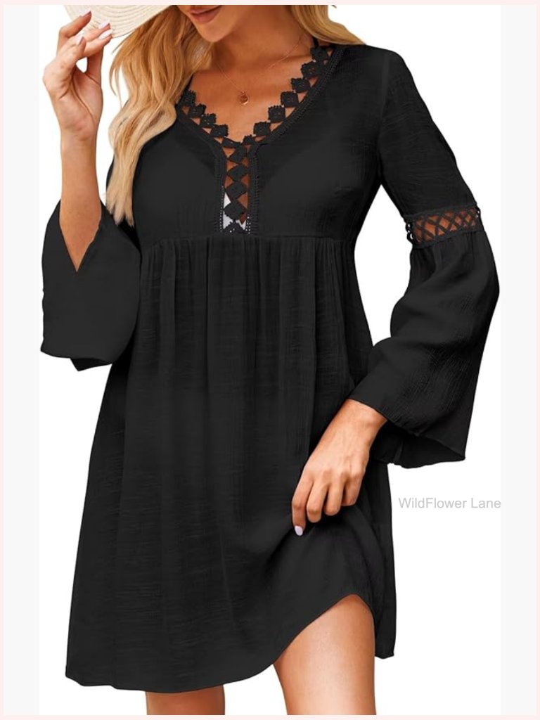 Swimsuit Coverup Long Bell Sleeve Lace V Neck Loose Beach Dress